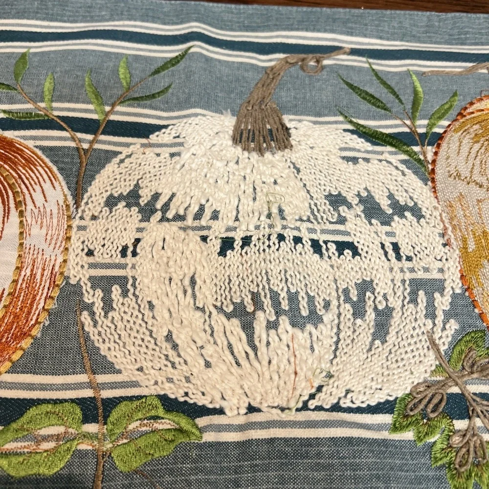 Bountiful Fall Harvest Pumpkins Embroidered Decorative Table Runner‎ BLUE 72x16